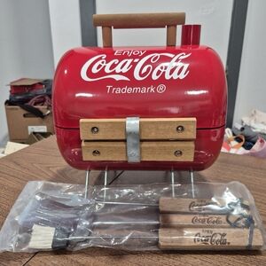 Like New! Coca-Cola Tabletop Charcoal Grill And Grilling Utensils